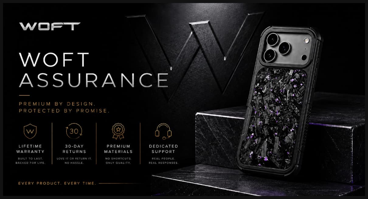 WOFT Assurance — Lifetime Warranty, 30-Day Returns, Premium Materials, Dedicated Support